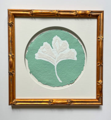Green Ginkgo Leaf (Framed), Original Artwork by Kendal Blanchard, Southern artist, Southern art, Flower art, Botanical art, Textured art, Collaged art, Classic artwork, Timeless art, Blue and white artwork, Foliage artwork, Traditional artwork, Original artwork, Traditional home artwork, Painted flowers, Botanicals  Florals, Floral artwork, Coastal artwork