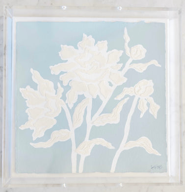 Peony Posey in Light Blue, Original Artwork by Kendal Blanchard, Southern artist, Southern art, Flower art, Botanical art, Textured art, Collaged art, Classic artwork, Timeless art, Blue and white artwork, Foliage artwork, Traditional artwork, Original artwork, Traditional home artwork, Painted flowers, Botanicals  Florals, Floral artwork, Coastal artwork