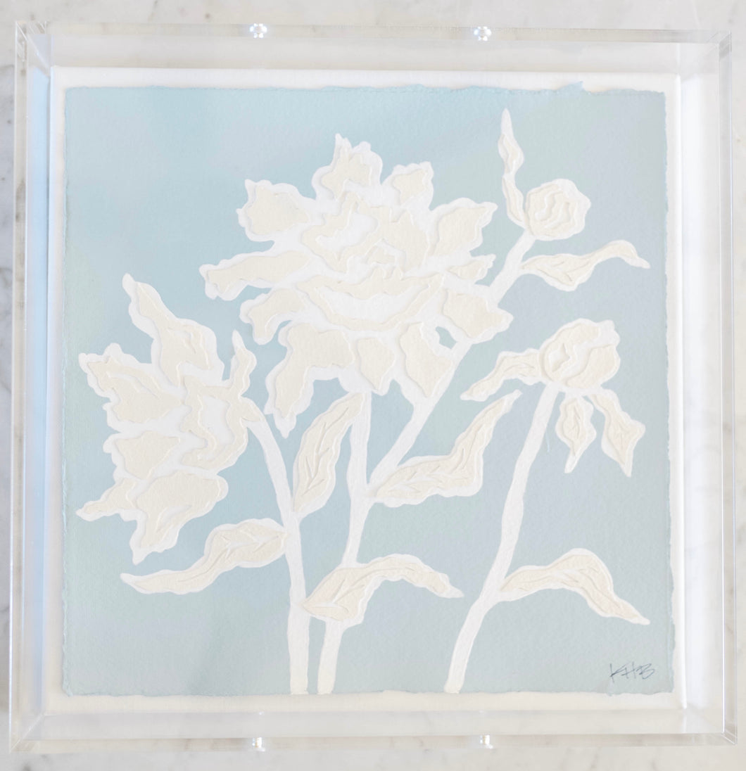 Peony Posey in Light Blue, Original Artwork by Kendal Blanchard, Southern artist, Southern art, Flower art, Botanical art, Textured art, Collaged art, Classic artwork, Timeless art, Blue and white artwork, Foliage artwork, Traditional artwork, Original artwork, Traditional home artwork, Painted flowers, Botanicals  Florals, Floral artwork, Coastal artwork