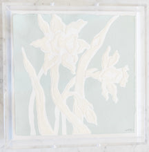 Load image into Gallery viewer, Daffodil Daze in Sea Foam, Original Artwork by Kendal Blanchard, Southern artist, Southern art, Flower art, Botanical art, Textured art, Collaged art, Classic artwork, Timeless art, Blue and white artwork, Foliage artwork, Traditional artwork, Original artwork, Traditional home artwork, Painted flowers, Botanicals  Florals, Floral artwork, Coastal artwork
