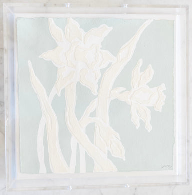 Daffodil Daze in Sea Foam, Original Artwork by Kendal Blanchard, Southern artist, Southern art, Flower art, Botanical art, Textured art, Collaged art, Classic artwork, Timeless art, Blue and white artwork, Foliage artwork, Traditional artwork, Original artwork, Traditional home artwork, Painted flowers, Botanicals  Florals, Floral artwork, Coastal artwork