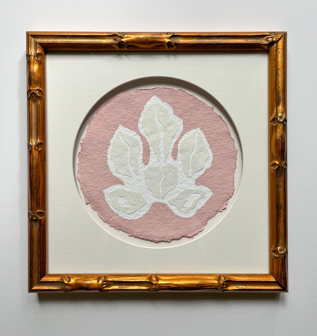 Pink Fig Leaf (Framed), Original Artwork by Kendal Blanchard, Southern artist, Southern art, Flower art, Botanical art, Textured art, Collaged art, Classic artwork, Timeless art, Blue and white artwork, Foliage artwork, Traditional artwork, Original artwork, Traditional home artwork, Painted flowers, Botanicals  Florals, Floral artwork, Coastal artwork