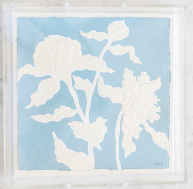 Peony Posey in Dark Blue, Original Artwork by Kendal Blanchard, Southern artist, Southern art, Flower art, Botanical art, Textured art, Collaged art, Classic artwork, Timeless art, Blue and white artwork, Foliage artwork, Traditional artwork, Original artwork, Traditional home artwork, Painted flowers, Botanicals  Florals, Floral artwork, Coastal artwork