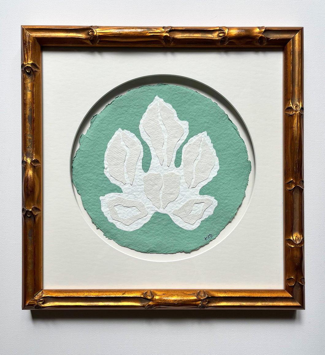 Green Fig Leaf (Framed), Original Artwork by Kendal Blanchard, Southern artist, Southern art, Flower art, Botanical art, Textured art, Collaged art, Classic artwork, Timeless art, Blue and white artwork, Foliage artwork, Traditional artwork, Original artwork, Traditional home artwork, Painted flowers, Botanicals  Florals, Floral artwork, Coastal artwork