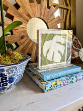 Load image into Gallery viewer, Monstera Leaf in Green, Original Artwork by Kendal Blanchard, Southern artist, Southern art, Flower art, Botanical art, Textured art, Collaged art, Classic artwork, Timeless art, Blue and white artwork, Foliage artwork, Traditional artwork, Original artwork, Traditional home artwork, Painted flowers, Botanicals  Florals, Floral artwork, Coastal artwork
