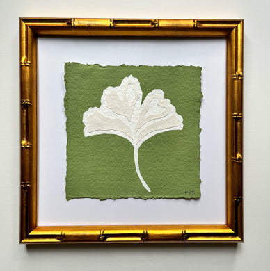 Green Ginkgo Leaf, Original Artwork by Kendal Blanchard, Southern artist, Southern art, Flower art, Botanical art, Textured art, Collaged art, Classic artwork, Timeless art, Blue and white artwork, Foliage artwork, Traditional artwork, Original artwork, Traditional home artwork, Painted flowers, Botanicals  Florals, Floral artwork, Coastal artwork