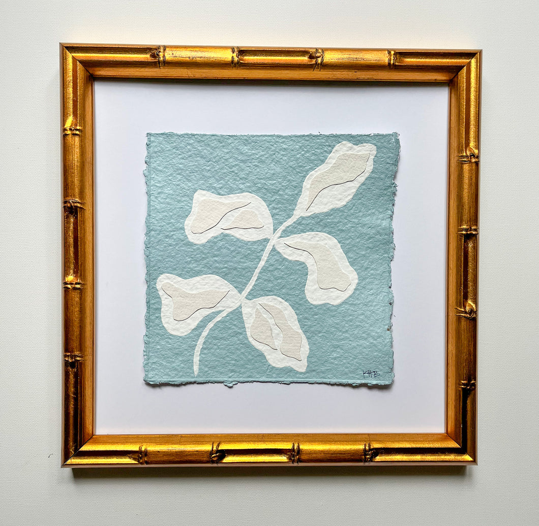 Blue Olive Branch, Original Artwork by Kendal Blanchard, Southern artist, Southern art, Flower art, Botanical art, Textured art, Collaged art, Classic artwork, Timeless art, Blue and white artwork, Foliage artwork, Traditional artwork, Original artwork, Traditional home artwork, Painted flowers, Botanicals  Florals, Floral artwork, Coastal artwork