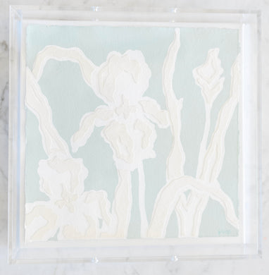 Iris Bouquet in Sea Foam, Original Artwork by Kendal Blanchard, Southern artist, Southern art, Flower art, Botanical art, Textured art, Collaged art, Classic artwork, Timeless art, Blue and white artwork, Foliage artwork, Traditional artwork, Original artwork, Traditional home artwork, Painted flowers, Botanicals  Florals, Floral artwork, Coastal artwork