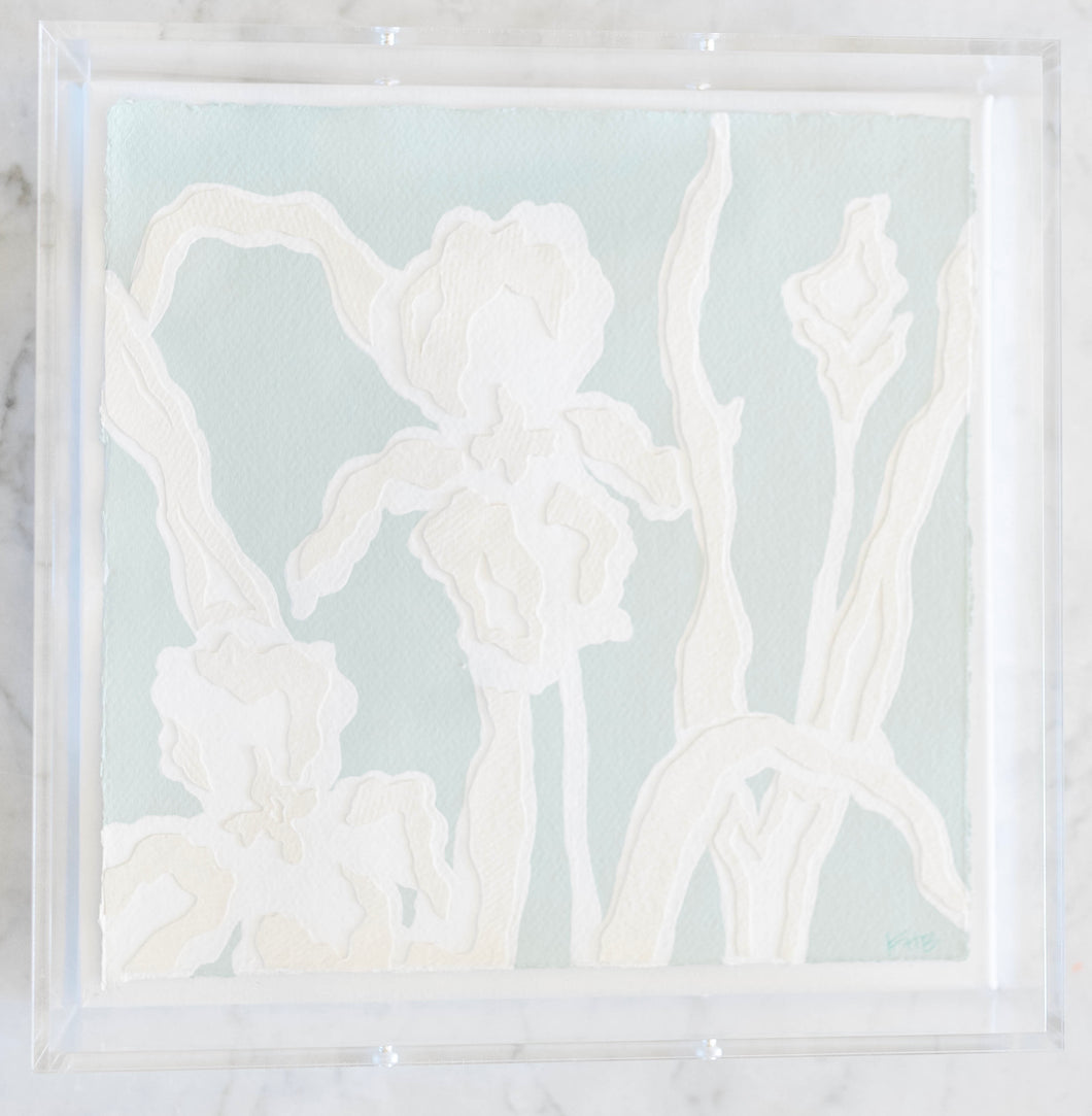 Iris Bouquet in Sea Foam, Original Artwork by Kendal Blanchard, Southern artist, Southern art, Flower art, Botanical art, Textured art, Collaged art, Classic artwork, Timeless art, Blue and white artwork, Foliage artwork, Traditional artwork, Original artwork, Traditional home artwork, Painted flowers, Botanicals  Florals, Floral artwork, Coastal artwork