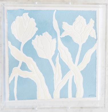 Parrot Tulips in Dark Blue, Original Artwork by Kendal Blanchard, Southern artist, Southern art, Flower art, Botanical art, Textured art, Collaged art, Classic artwork, Timeless art, Blue and white artwork, Foliage artwork, Traditional artwork, Original artwork, Traditional home artwork, Painted flowers, Botanicals  Florals, Floral artwork, Coastal artwork