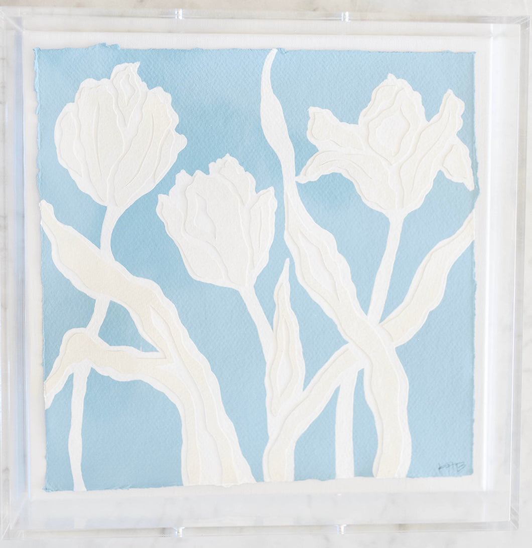 Parrot Tulips in Dark Blue, Original Artwork by Kendal Blanchard, Southern artist, Southern art, Flower art, Botanical art, Textured art, Collaged art, Classic artwork, Timeless art, Blue and white artwork, Foliage artwork, Traditional artwork, Original artwork, Traditional home artwork, Painted flowers, Botanicals  Florals, Floral artwork, Coastal artwork