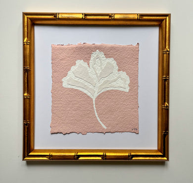 Pink Ginkgo Leaf, Original Artwork by Kendal Blanchard, Southern artist, Southern art, Flower art, Botanical art, Textured art, Collaged art, Classic artwork, Timeless art, Blue and white artwork, Foliage artwork, Traditional artwork, Original artwork, Traditional home artwork, Painted flowers, Botanicals  Florals, Floral artwork, Coastal artwork