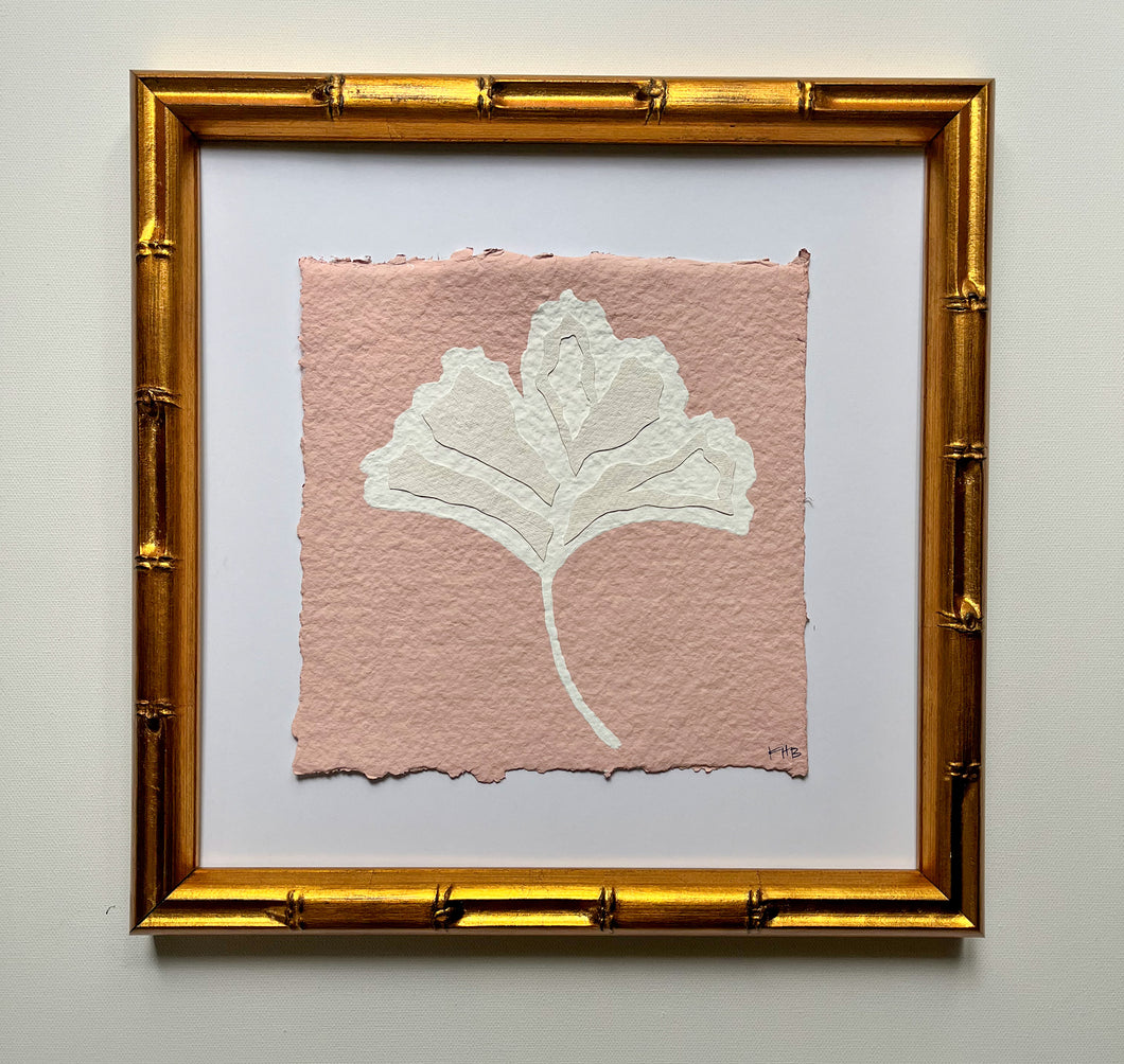 Pink Ginkgo Leaf, Original Artwork by Kendal Blanchard, Southern artist, Southern art, Flower art, Botanical art, Textured art, Collaged art, Classic artwork, Timeless art, Blue and white artwork, Foliage artwork, Traditional artwork, Original artwork, Traditional home artwork, Painted flowers, Botanicals  Florals, Floral artwork, Coastal artwork