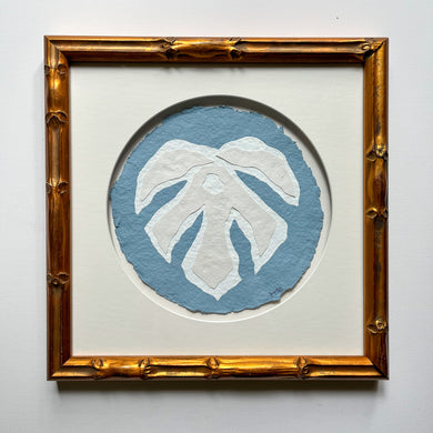 Blue Monstera Leaf (Framed), Original Artwork by Kendal Blanchard, Southern artist, Southern art, Flower art, Botanical art, Textured art, Collaged art, Classic artwork, Timeless art, Blue and white artwork, Foliage artwork, Traditional artwork, Original artwork, Traditional home artwork, Painted flowers, Botanicals  Florals, Floral artwork, Coastal artwork