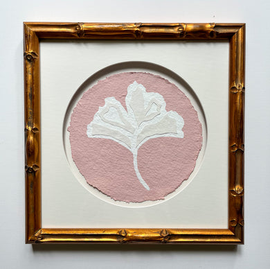 Pink Ginkgo Leaf (Framed), Original Artwork by Kendal Blanchard, Southern artist, Southern art, Flower art, Botanical art, Textured art, Collaged art, Classic artwork, Timeless art, Blue and white artwork, Foliage artwork, Traditional artwork, Original artwork, Traditional home artwork, Painted flowers, Botanicals  Florals, Floral artwork, Coastal artwork