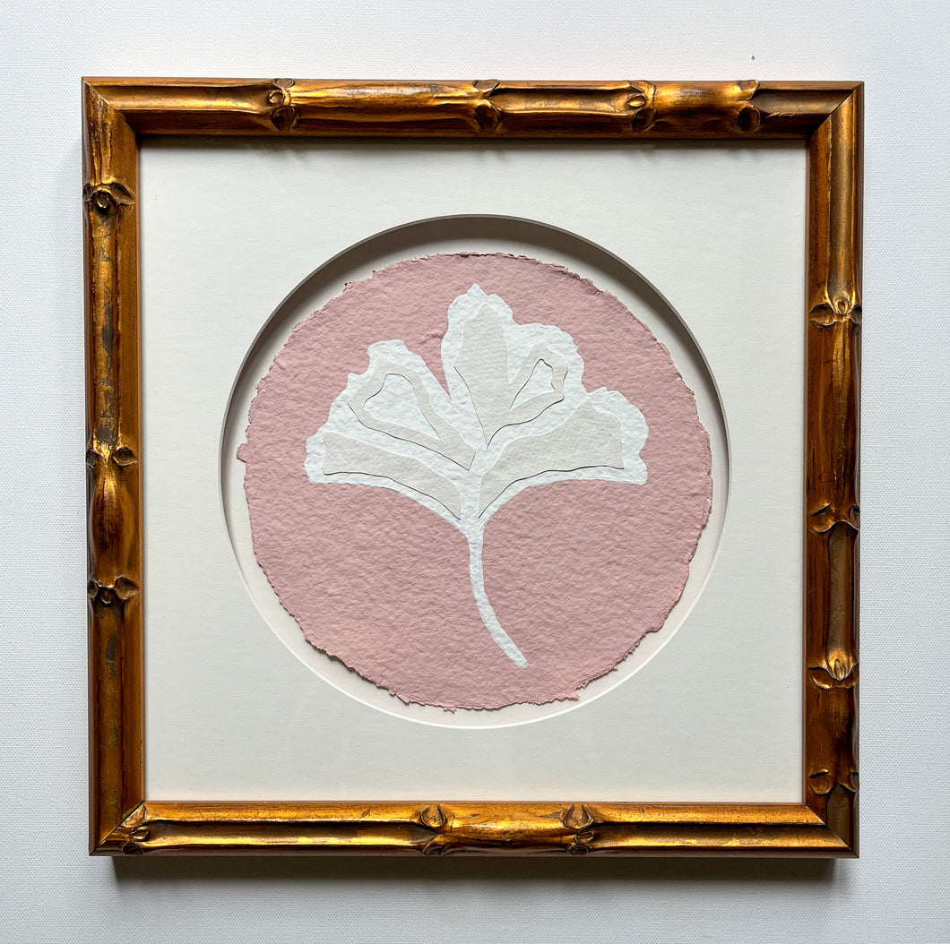 Pink Ginkgo Leaf (Framed), Original Artwork by Kendal Blanchard, Southern artist, Southern art, Flower art, Botanical art, Textured art, Collaged art, Classic artwork, Timeless art, Blue and white artwork, Foliage artwork, Traditional artwork, Original artwork, Traditional home artwork, Painted flowers, Botanicals  Florals, Floral artwork, Coastal artwork