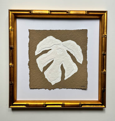 Brown Monstera Leaf, Original Artwork by Kendal Blanchard, Southern artist, Southern art, Flower art, Botanical art, Textured art, Collaged art, Classic artwork, Timeless art, Blue and white artwork, Foliage artwork, Traditional artwork, Original artwork, Traditional home artwork, Painted flowers, Botanicals  Florals, Floral artwork, Coastal artwork