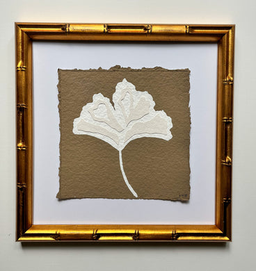 Brown Ginkgo Leaf, Original Artwork by Kendal Blanchard, Southern artist, Southern art, Flower art, Botanical art, Textured art, Collaged art, Classic artwork, Timeless art, Blue and white artwork, Foliage artwork, Traditional artwork, Original artwork, Traditional home artwork, Painted flowers, Botanicals  Florals, Floral artwork, Coastal artwork