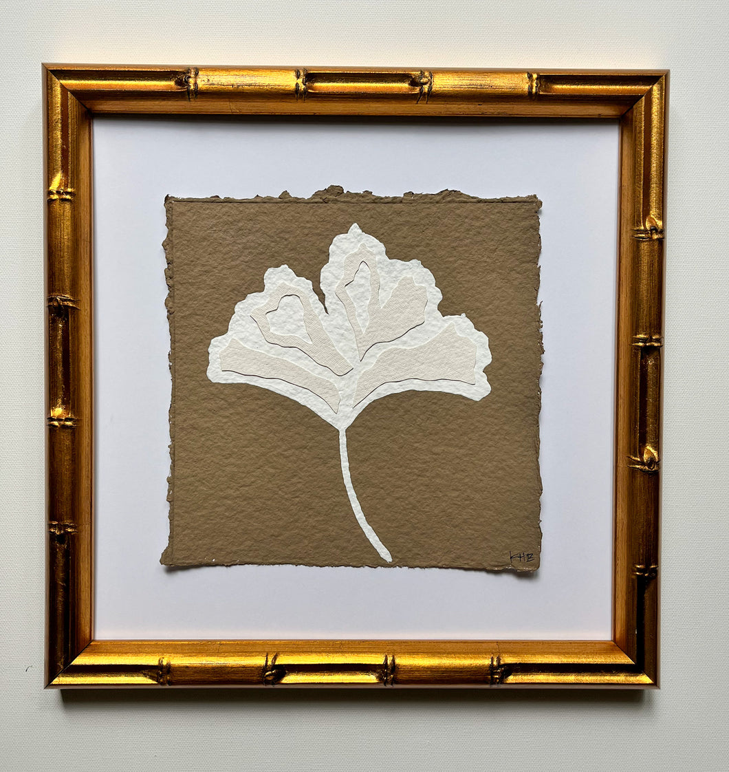 Brown Ginkgo Leaf, Original Artwork by Kendal Blanchard, Southern artist, Southern art, Flower art, Botanical art, Textured art, Collaged art, Classic artwork, Timeless art, Blue and white artwork, Foliage artwork, Traditional artwork, Original artwork, Traditional home artwork, Painted flowers, Botanicals  Florals, Floral artwork, Coastal artwork