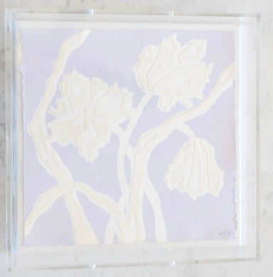 Parrot Tulips in Lavender, Original Artwork by Kendal Blanchard, Southern artist, Southern art, Flower art, Botanical art, Textured art, Collaged art, Classic artwork, Timeless art, Blue and white artwork, Foliage artwork, Traditional artwork, Original artwork, Traditional home artwork, Painted flowers, Botanicals  Florals, Floral artwork, Coastal artwork