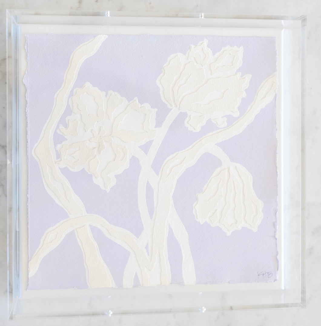 Parrot Tulips in Lavender, Original Artwork by Kendal Blanchard, Southern artist, Southern art, Flower art, Botanical art, Textured art, Collaged art, Classic artwork, Timeless art, Blue and white artwork, Foliage artwork, Traditional artwork, Original artwork, Traditional home artwork, Painted flowers, Botanicals  Florals, Floral artwork, Coastal artwork