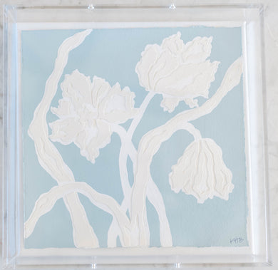 Parrot Tulips in Light Blue, Original Artwork by Kendal Blanchard, Southern artist, Southern art, Flower art, Botanical art, Textured art, Collaged art, Classic artwork, Timeless art, Blue and white artwork, Foliage artwork, Traditional artwork, Original artwork, Traditional home artwork, Painted flowers, Botanicals  Florals, Floral artwork, Coastal artwork